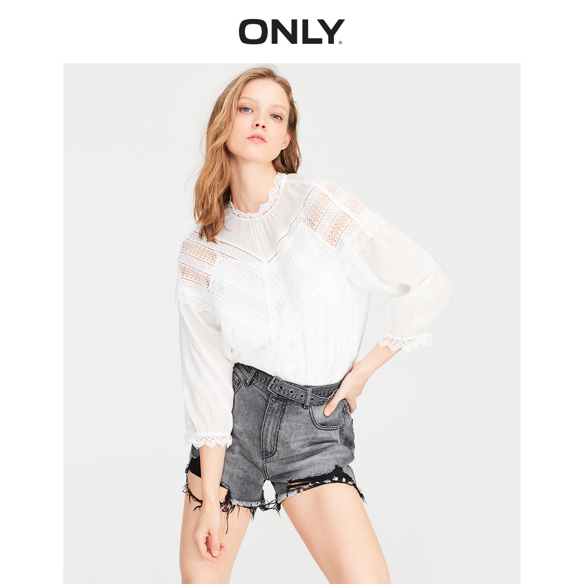 only秋季新款纯色蕾丝两件套 t恤 ONLYoutlets店蕾丝衫/雪纺衫