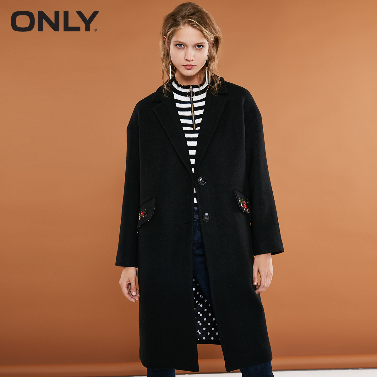 only清仓秋季新款羊毛刺绣毛呢大衣 ONLYoutlets店毛呢外套