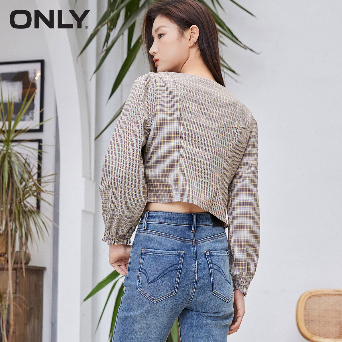 only奥莱春季长袖短款格子修身衬衫 ONLYoutlets店T恤