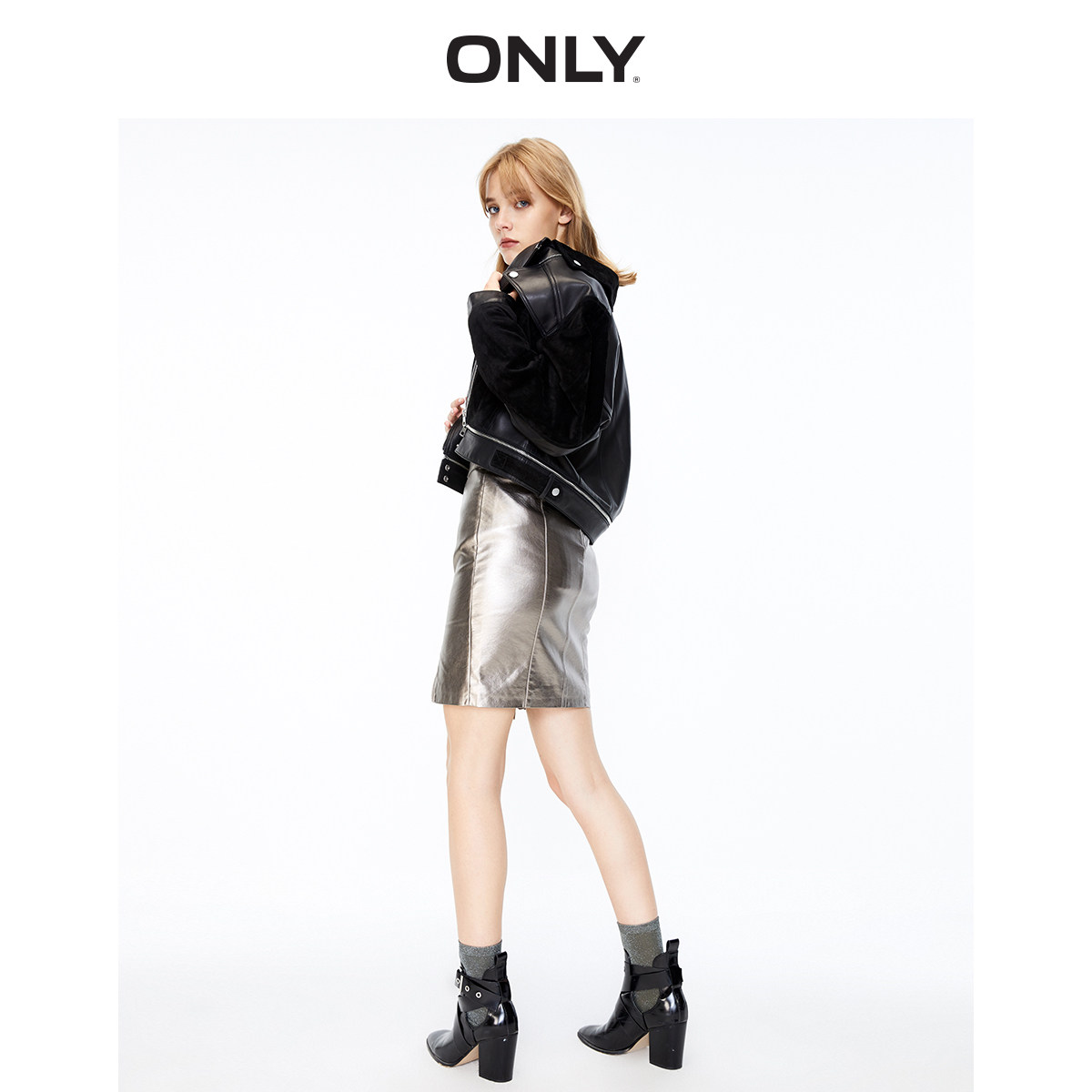 only奥莱冬季新款绒面拼接设计皮衣 ONLYoutlets店皮衣