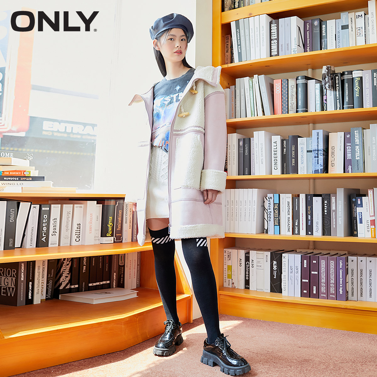 only奥莱小香风拼接仿羊羔绒女棉服 ONLYoutlets店棉衣/棉服