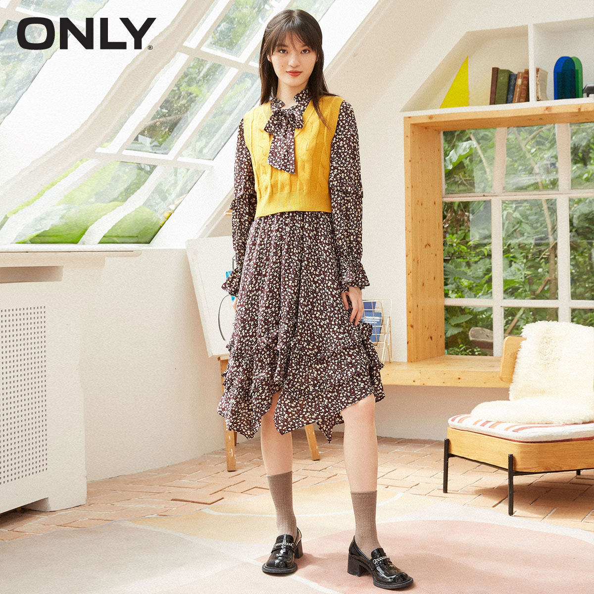 only秋季新款两件套复古碎花连衣裙 ONLYoutlets店连衣裙