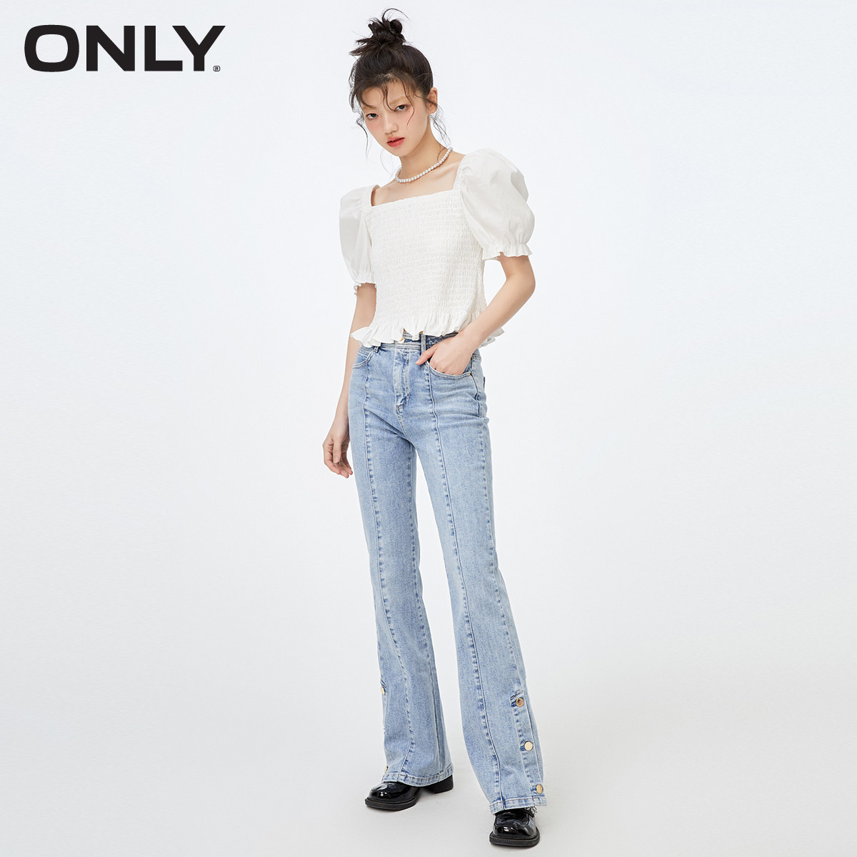 only奥莱春季修身短款收腰雪纺衫 ONLYoutlets店蕾丝衫/雪纺衫