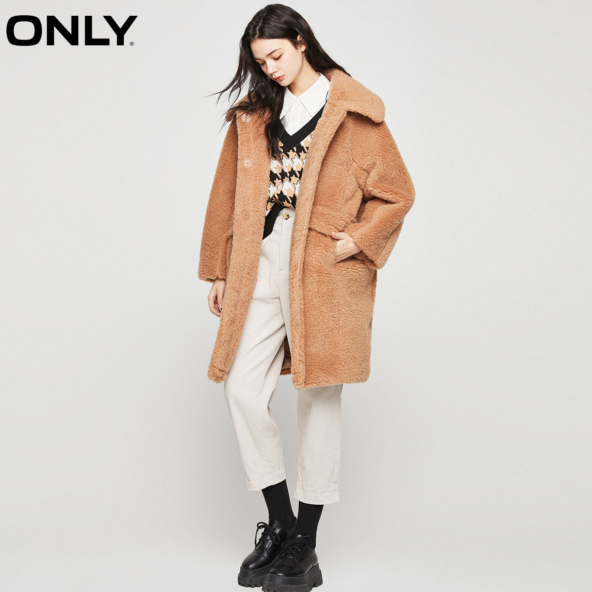 only奥莱秋季韩版纯色中长款大衣 ONLYoutlets店棉衣/棉服