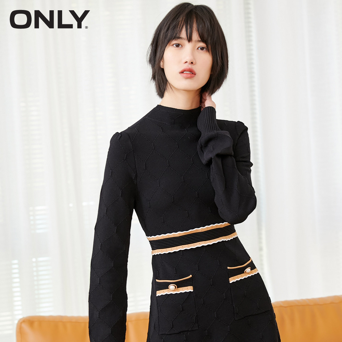 only冬季短款长袖撞色针织连衣裙 ONLYoutlets店连衣裙