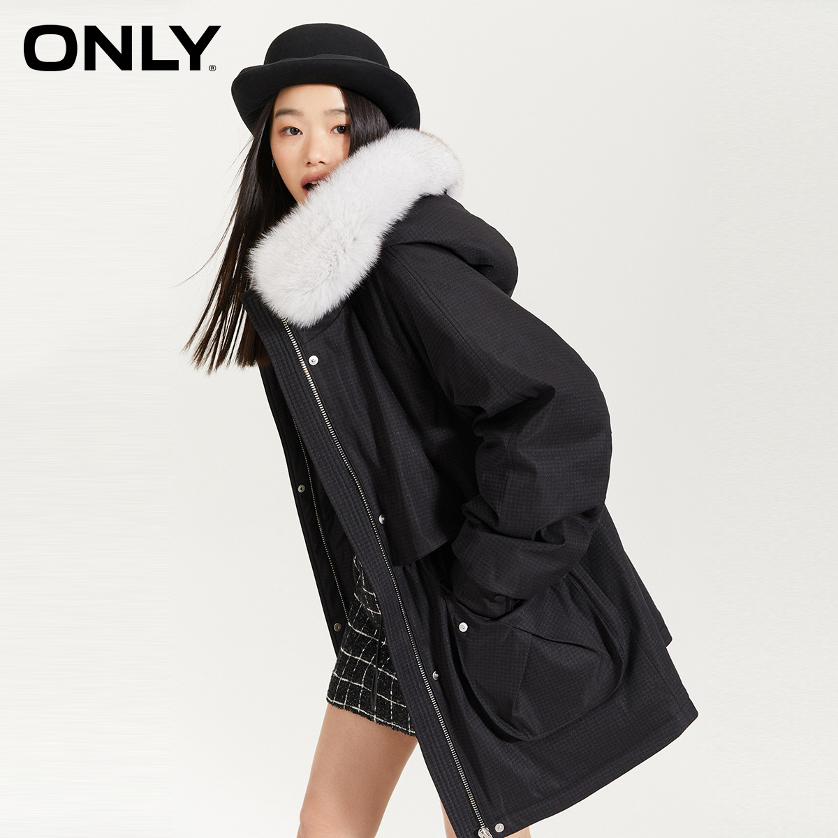 only2021冬季新款90狐毛领白鸭绒 ONLYoutlets店羽绒服