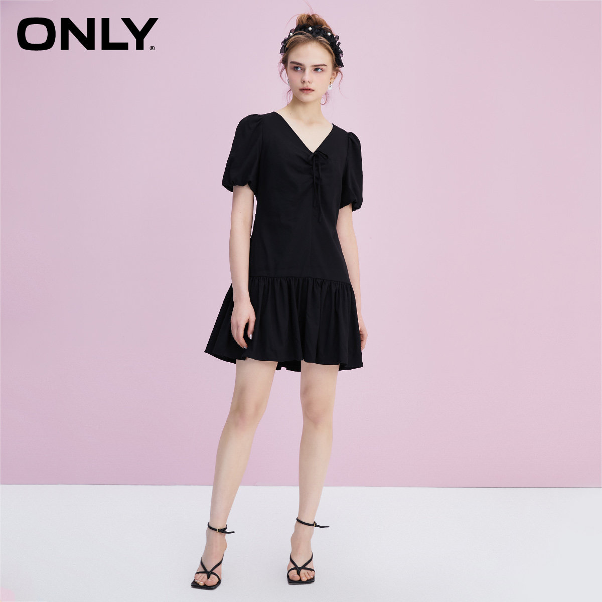 only奥莱春季新款v领荷叶边雪纺 ONLYoutlets店连衣裙