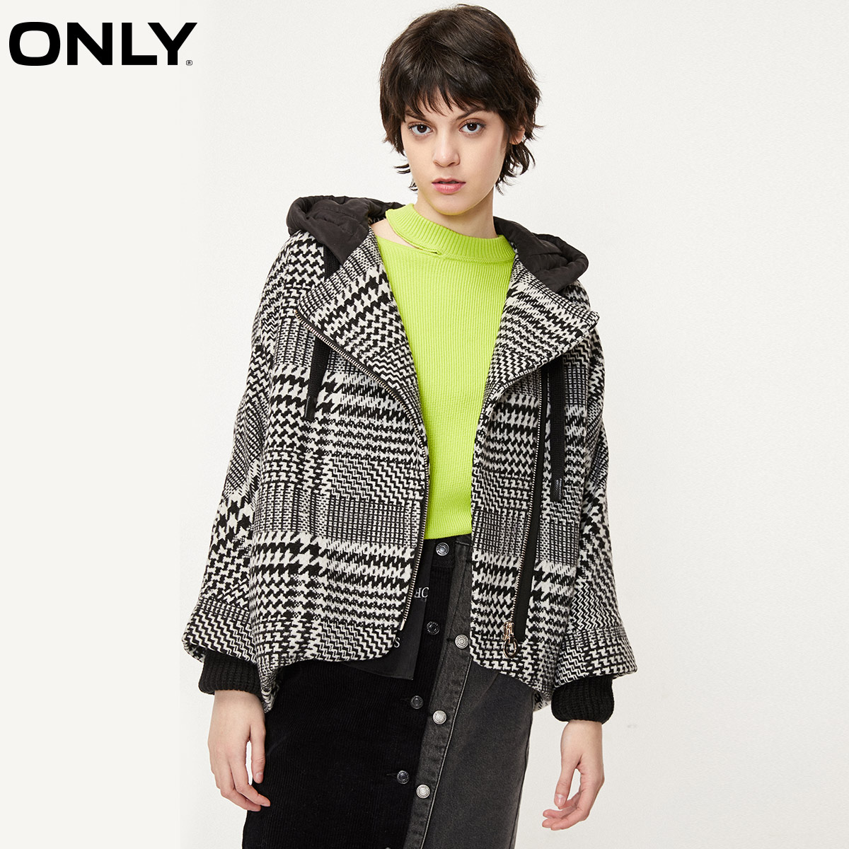 only奥莱秋季新款连帽千鸟格短款 ONLYoutlets店毛呢外套