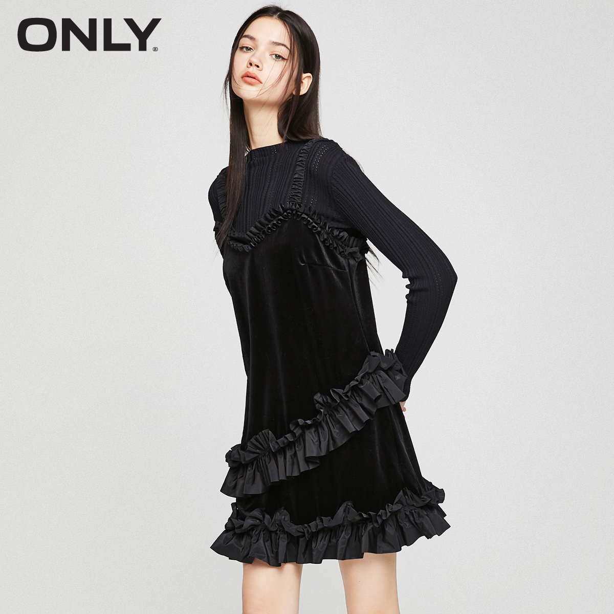 only冬季新款不对称花边丝绒连衣裙 ONLYoutlets店连衣裙