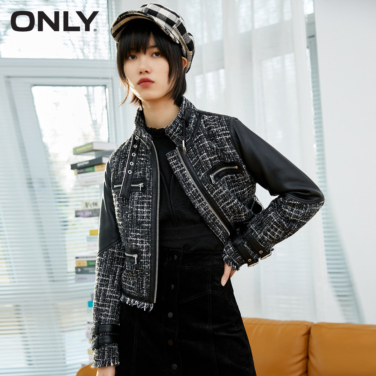 only2021冬季新款修身拼接短款夹克 ONLYoutlets店短外套