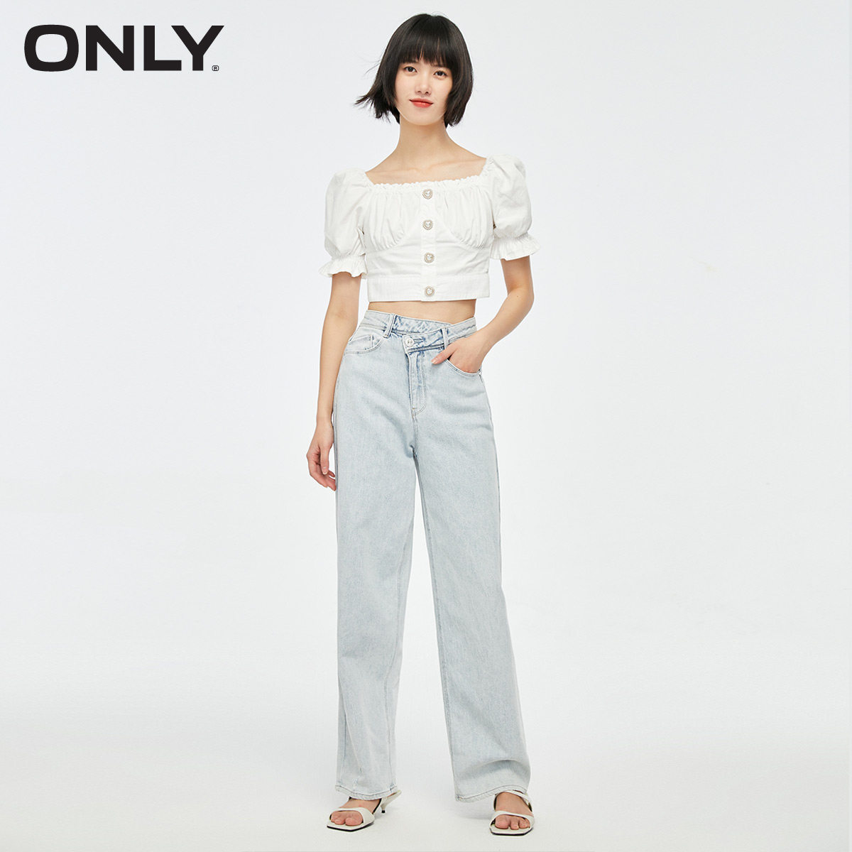 only奥莱春季泡泡袖设计仿珍珠t恤 ONLYoutlets店T恤