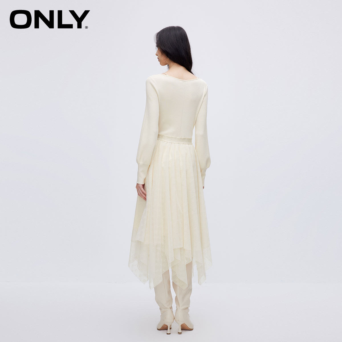 【ONLY奥莱】秋季淑女气质收腰U领中长款纱裙连衣裙女