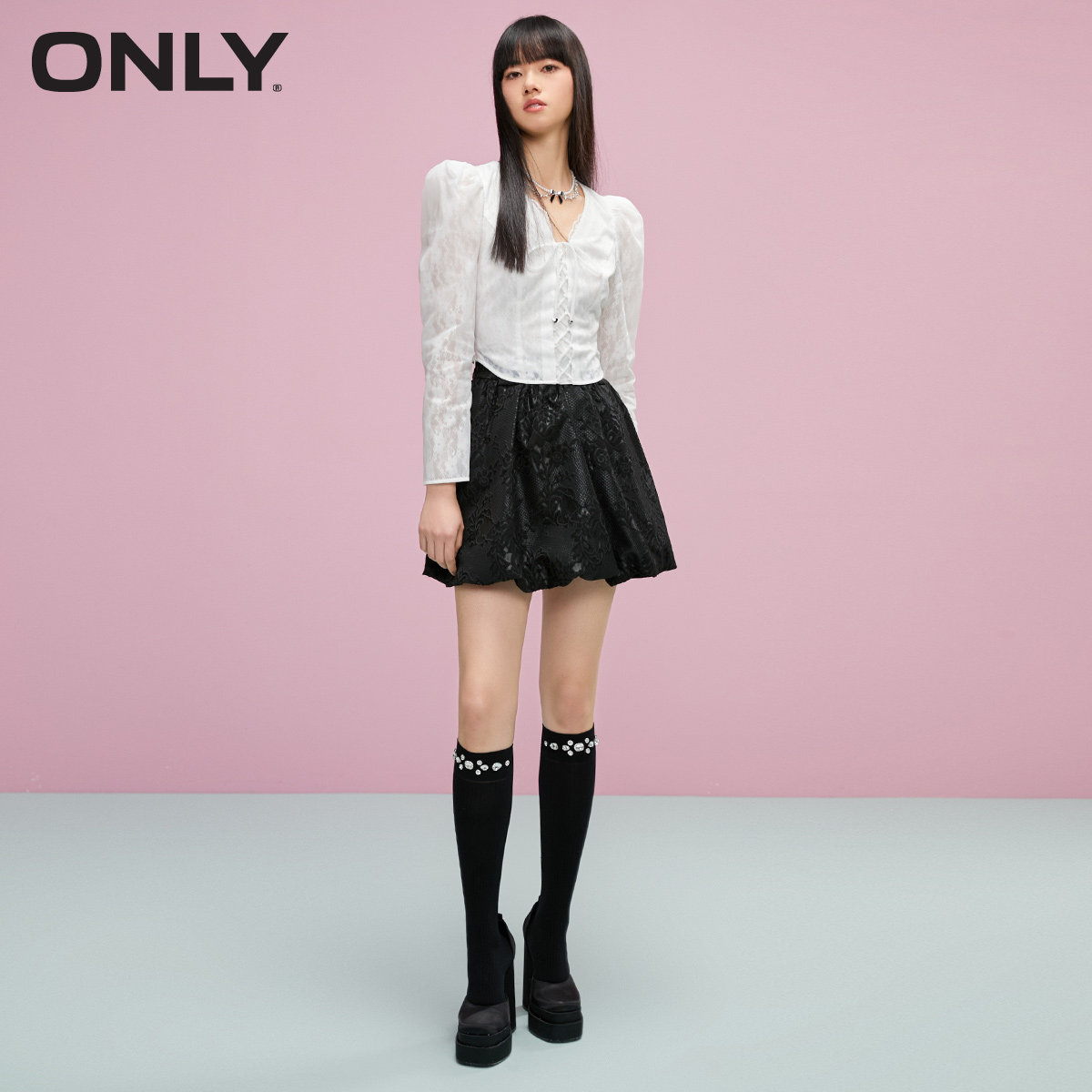 only奥莱春季新款复古轻熟风雪纺衫 ONLYoutlets店蕾丝衫/雪纺衫