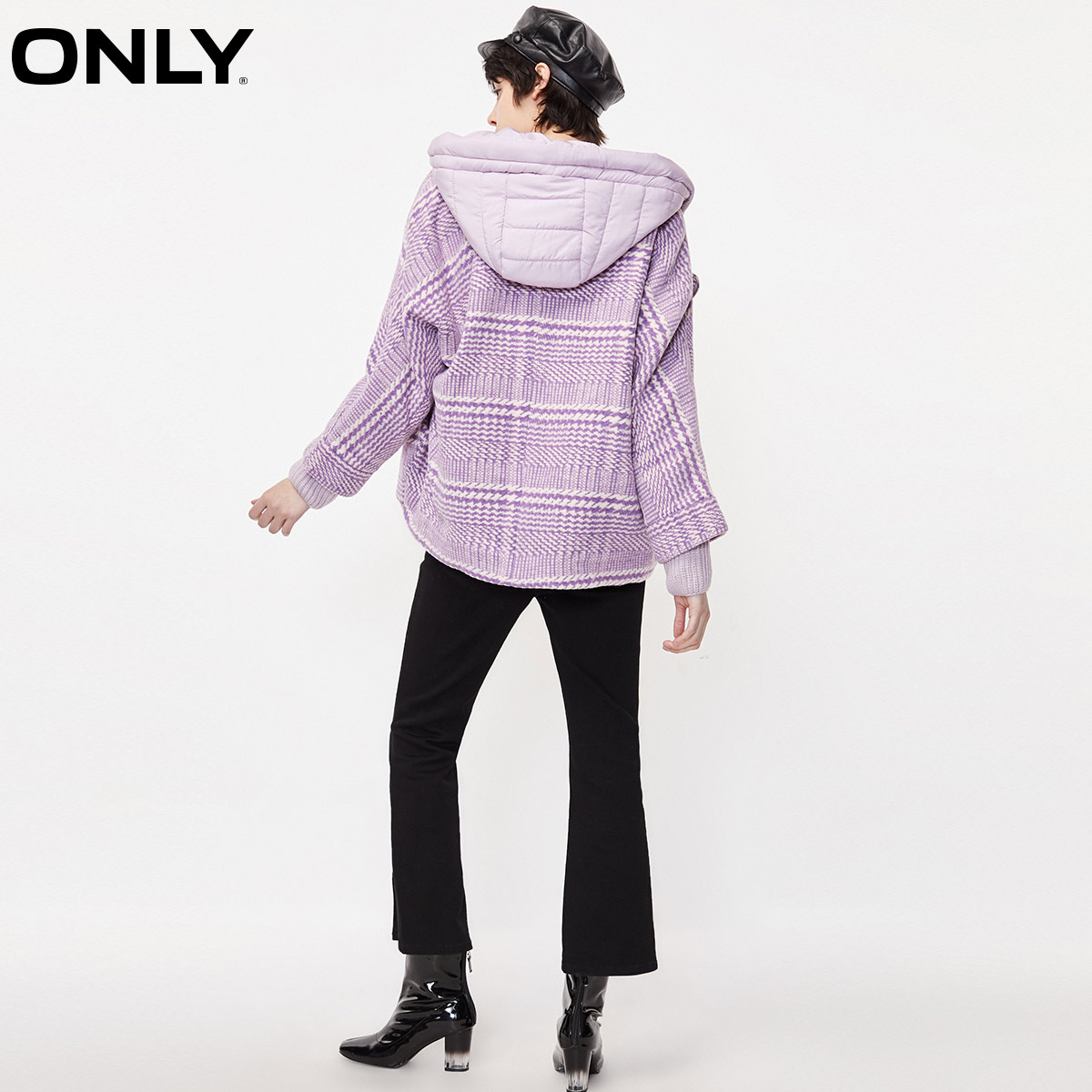only奥莱秋季新款连帽千鸟格短款 ONLYoutlets店毛呢外套