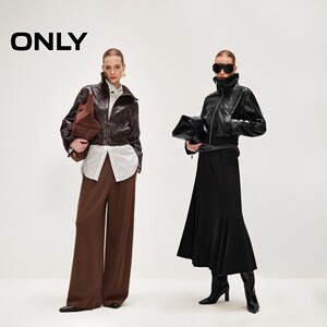 ONLY2026春季新款复古羊皮油蜡质感罗纹针织翻领短款皮衣外套女