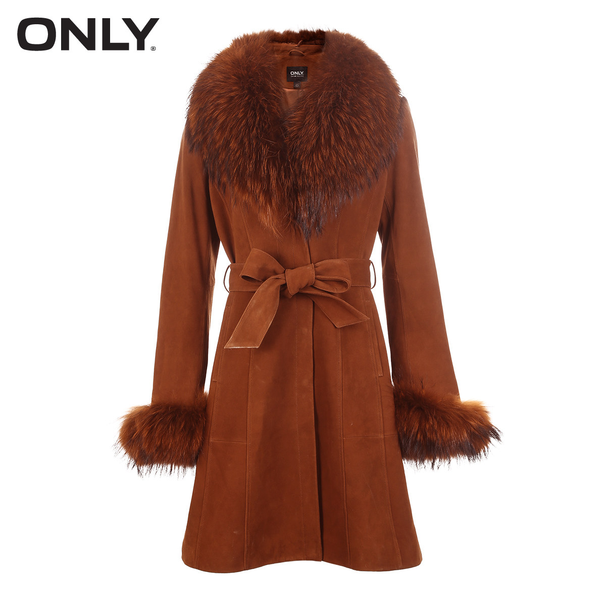 only新款毛领绒面腰带中长款女皮衣 ONLYoutlets店皮衣