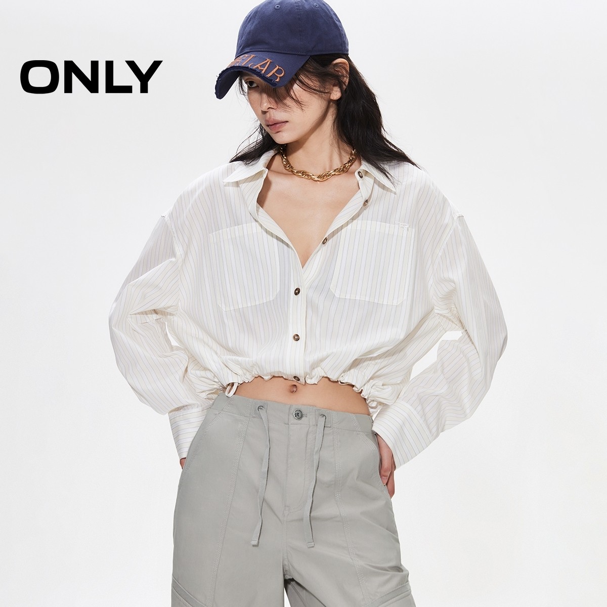 ONLY2025秋冬新款轻薄条纹抽绳下摆实用口袋落肩长袖宽松衬衫女,淘宝优惠券,粉丝福利购,淘宝优惠卷