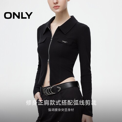 ONLY2026春季新款时尚辣妹风正肩翻领拉链开衫黑色T恤女 - 图3