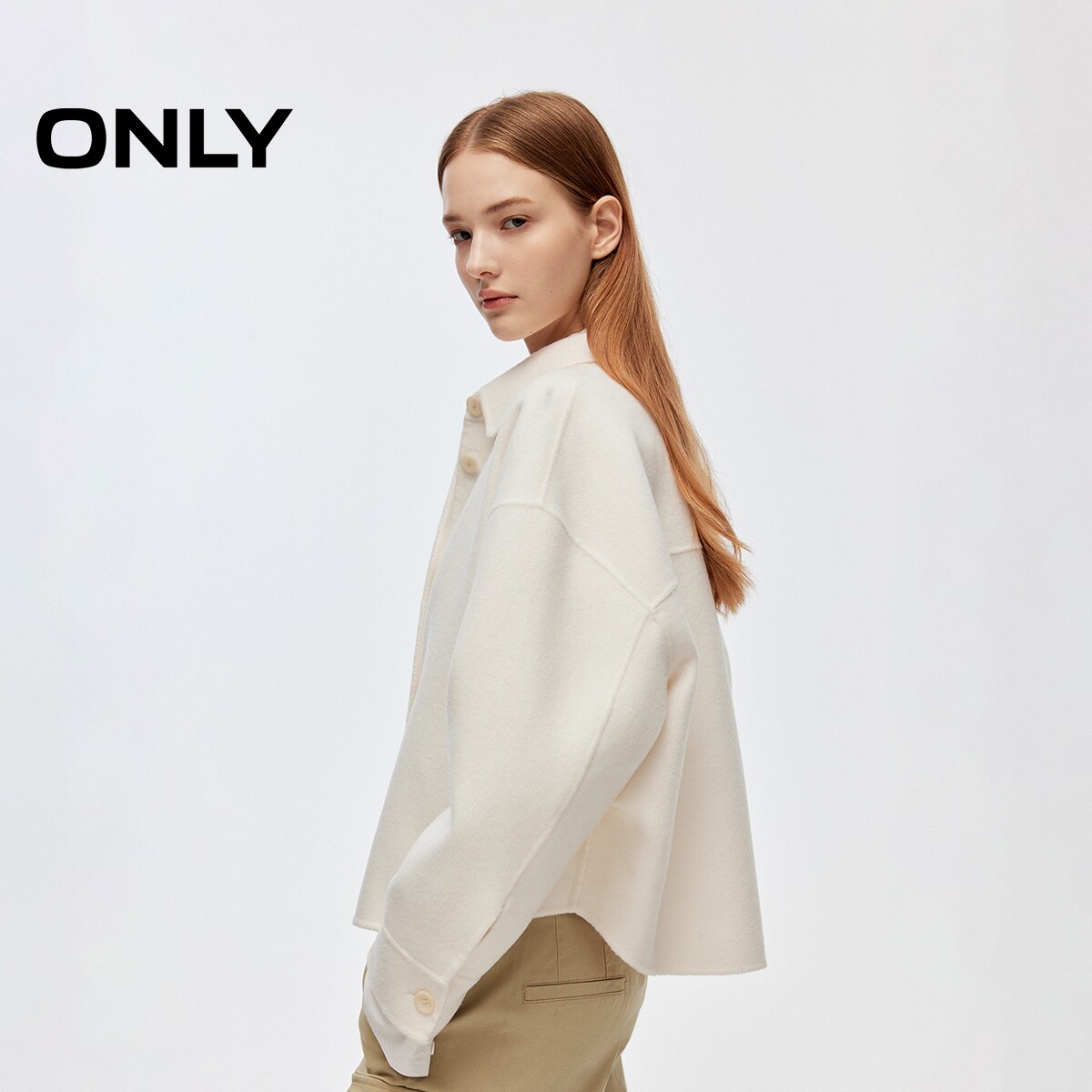 ONLY2025冬季新款双面呢大口袋宽松舒适落肩短款衬衫毛呢大衣女 - 图1