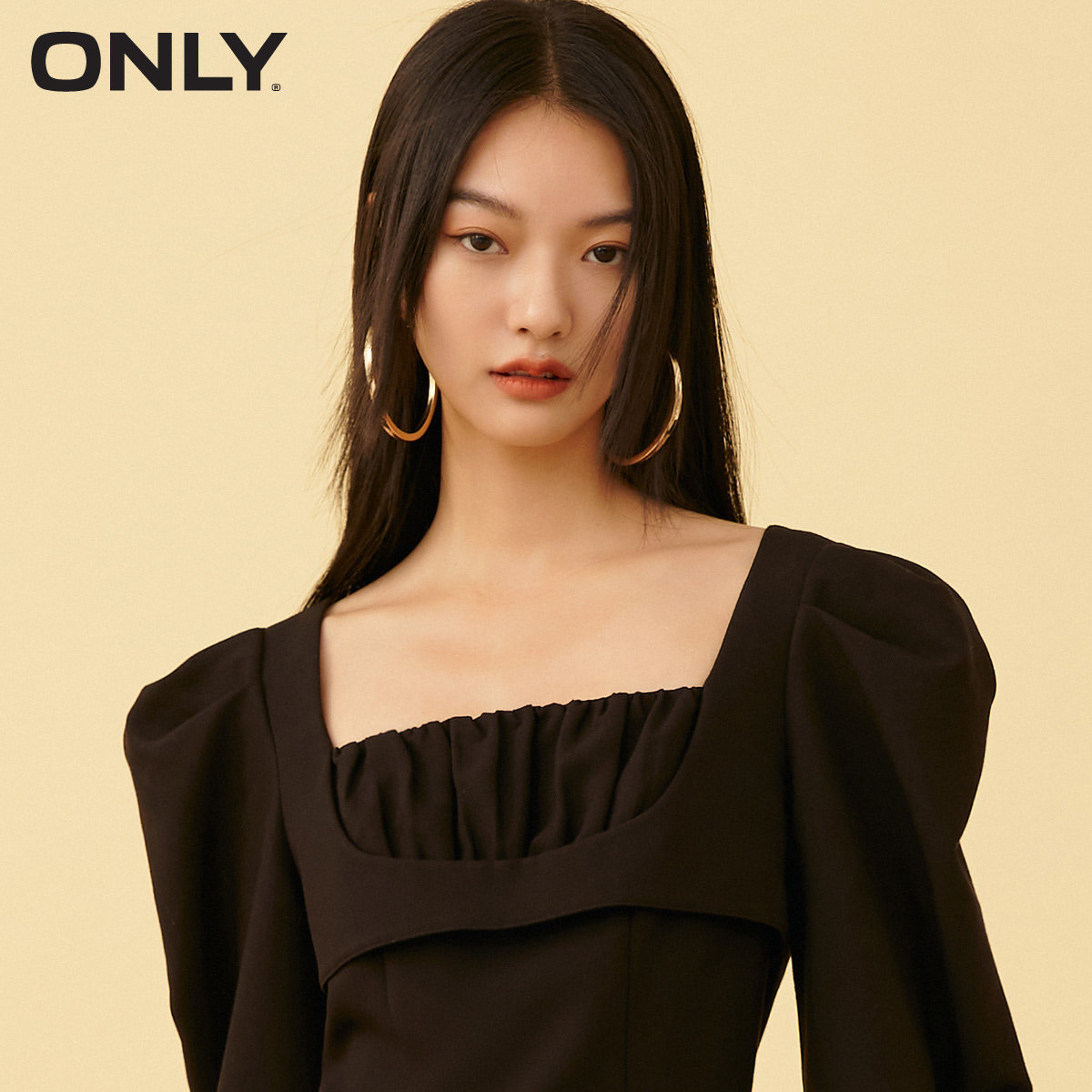 only2021冬季新款方领泡泡袖连衣裙 ONLYoutlets店连衣裙