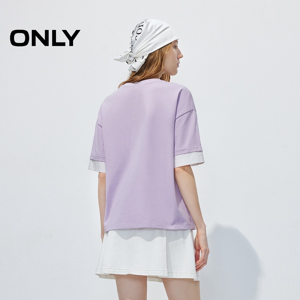 ONLY2026春季新款宽松袖口拼接跳色字母螺纹圆领假两件纯棉T恤女,淘宝优惠券,粉丝福利购,淘宝优惠卷