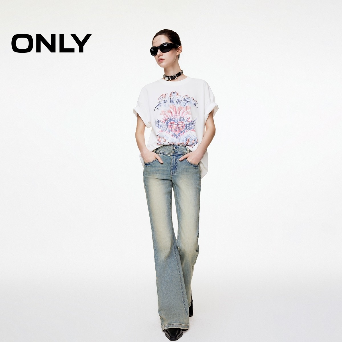 ONLY2025秋冬新款复古做旧磨白水洗酷感铆钉长裤喇叭裤牛仔裤女,淘宝优惠券,粉丝福利购,淘宝优惠卷