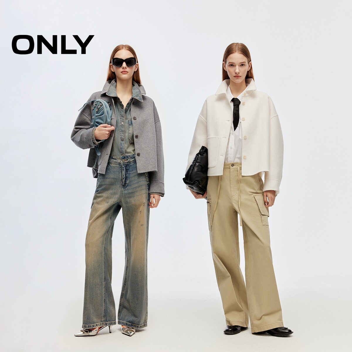 ONLY2025冬季新款双面呢大口袋宽松舒适落肩短款衬衫毛呢大衣女 - 图0