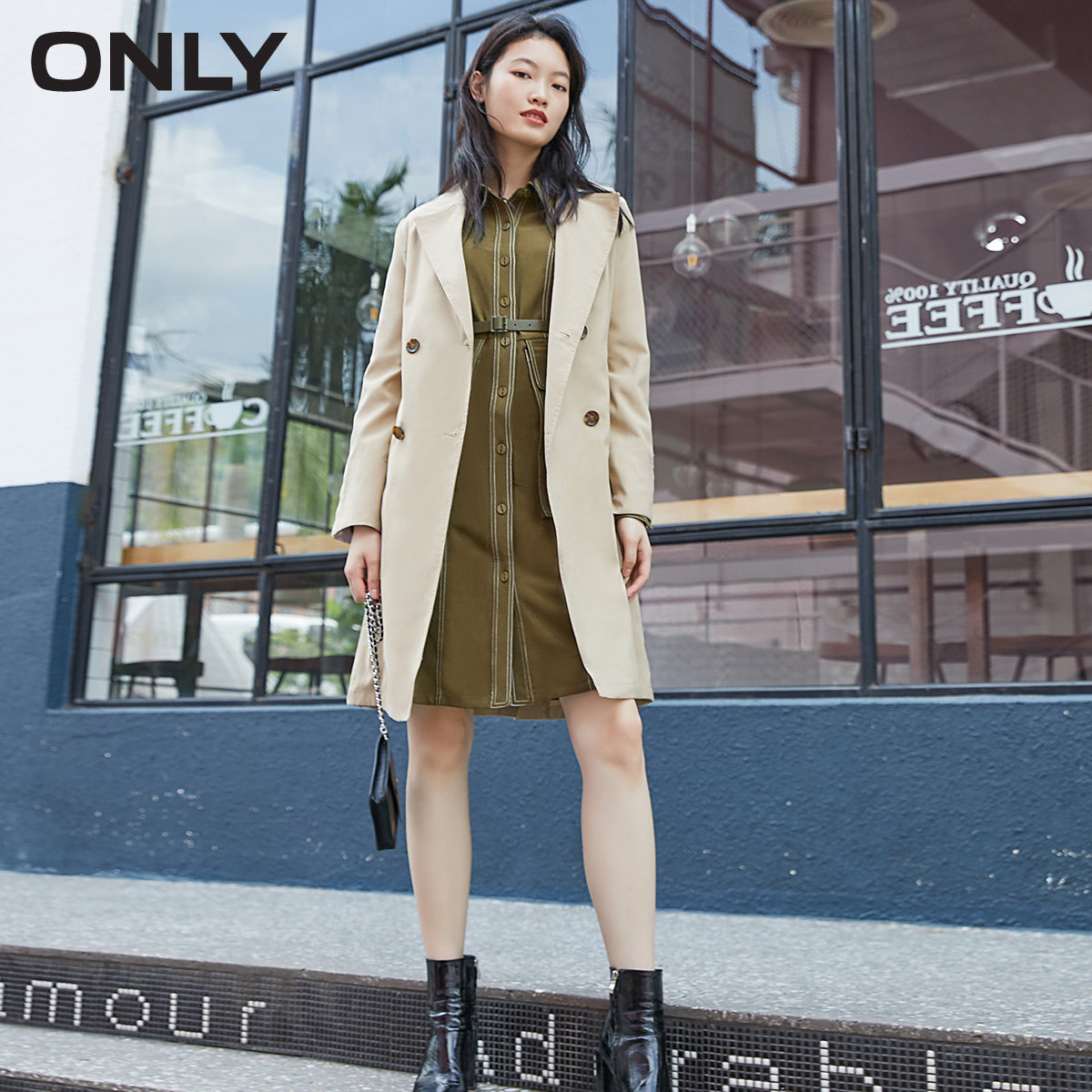 only夏季新款卡其色英伦风气质风衣 ONLYoutlets店风衣