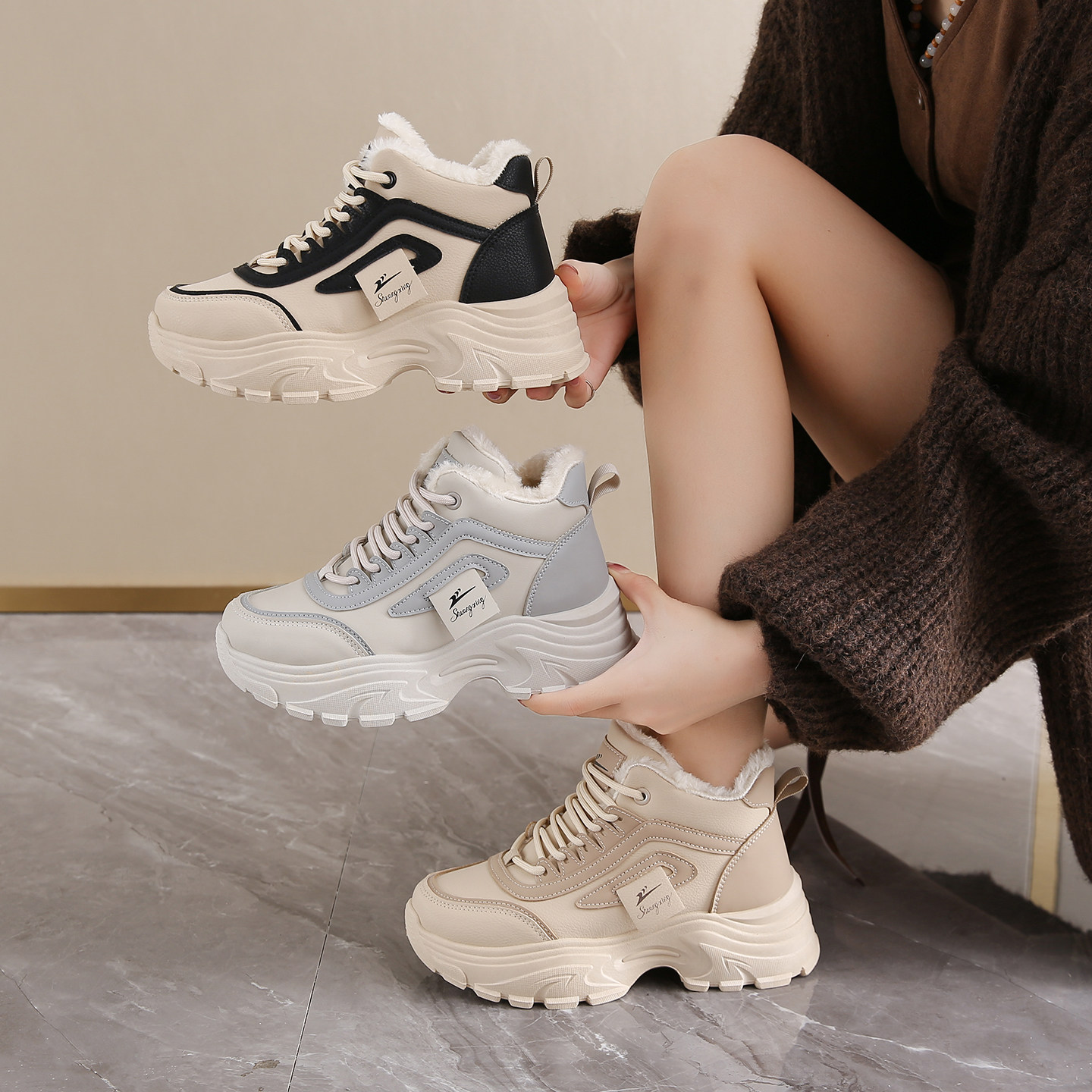 2025冬季新加绒老爹鞋女厚底百搭保暖棉鞋高帮运动休闲鞋防滑防水,淘宝优惠券,粉丝福利购,淘宝优惠卷