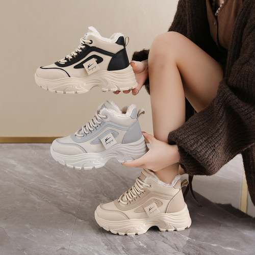 2025冬季新加绒老爹鞋女厚底百搭保暖棉鞋高帮运动休闲鞋防滑防水 - 图0
