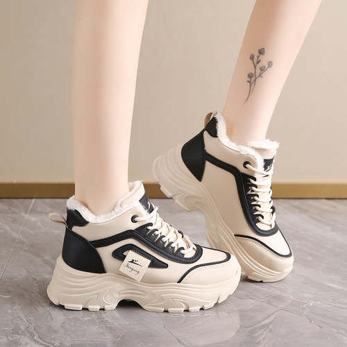 2025冬季新加绒老爹鞋女厚底百搭保暖棉鞋高帮运动休闲鞋防滑防水 - 图1