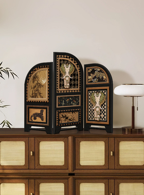 中古风桌面小屏风摆件高级感小众客厅电视柜家居装饰入户玄关摆画