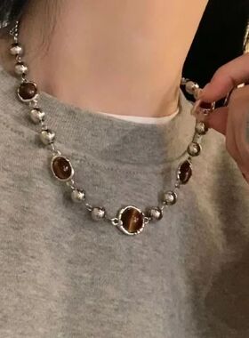 Vintage Leather Brown Stone Pendant Necklace Women's Retro S
