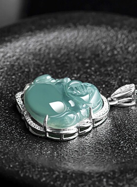 A货翡翠蓝水冰种佛公吊坠银镶