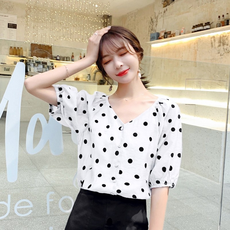 波点女夏短袖2020年新款宽松衬衫 素手挽歌蕾丝衫/雪纺衫