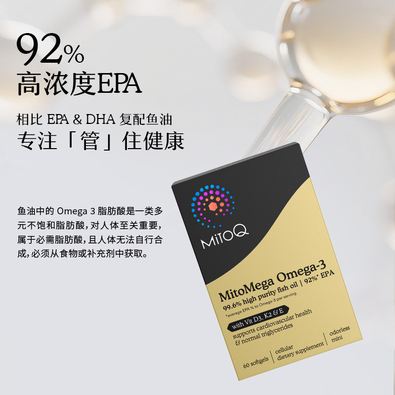 【1盒装】MITOQ高浓度EPA鱼油胶囊欧米伽3平衡血脂三高熬夜常备