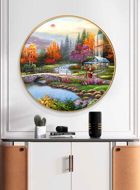 圆形装饰画玄关流水生财山水画风景挂画客厅餐厅轻奢现代走廊壁画