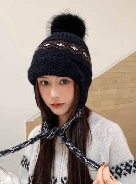 时尚提花毛线帽子女秋冬季保暖双辫针织帽防寒加绒护耳包头冷帽潮