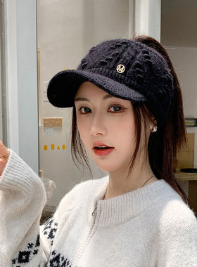 针织空顶帽子女秋冬户外运动跑步保暖毛线帽透气显脸小鸭舌毛线帽