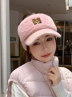 春秋户外运动跑步针织鸭舌帽女韩版毛绒棒球帽冬季保暖护耳毛线帽