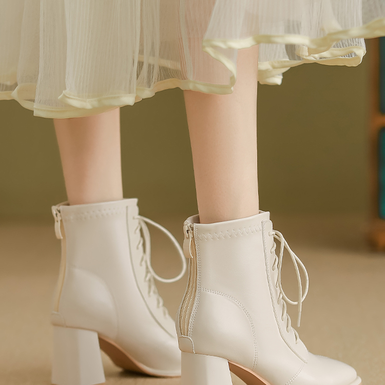 英伦风马丁靴女2025新款秋冬加绒系带后拉链百搭高跟真皮粗跟短靴 - 图1