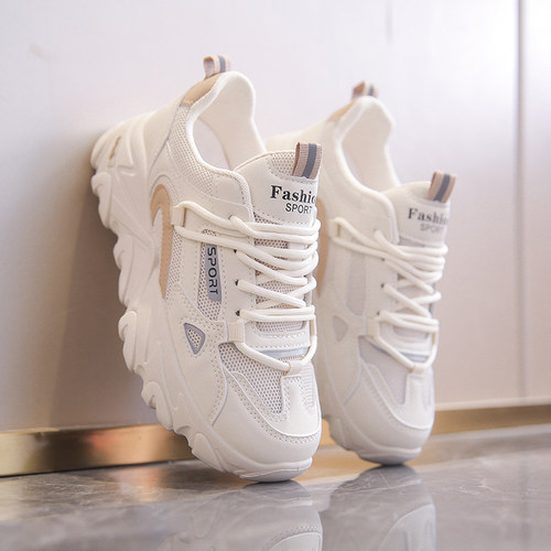 真皮老爹鞋女2025春季新款百搭圆头系带透气跑步鞋厚底轻便运动鞋 - 图1