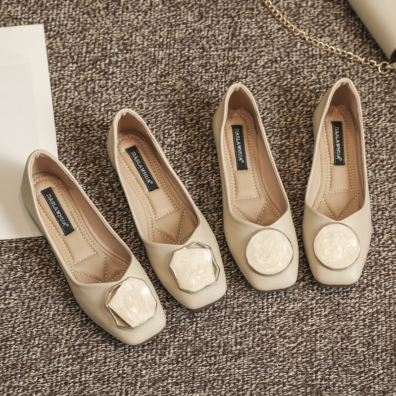 真皮单鞋女2025春夏新款百搭时尚方头浅口平底软底气质舒适奶奶鞋,淘宝优惠券,粉丝福利购,淘宝优惠卷