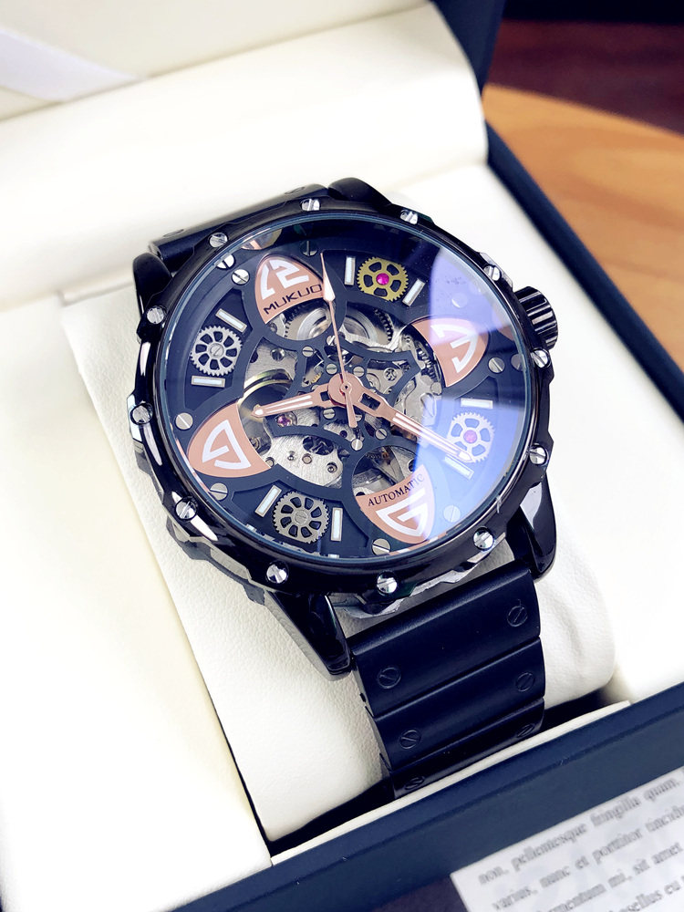 欧美炫酷复古全自动镂空男士机械表 木阔国产腕表