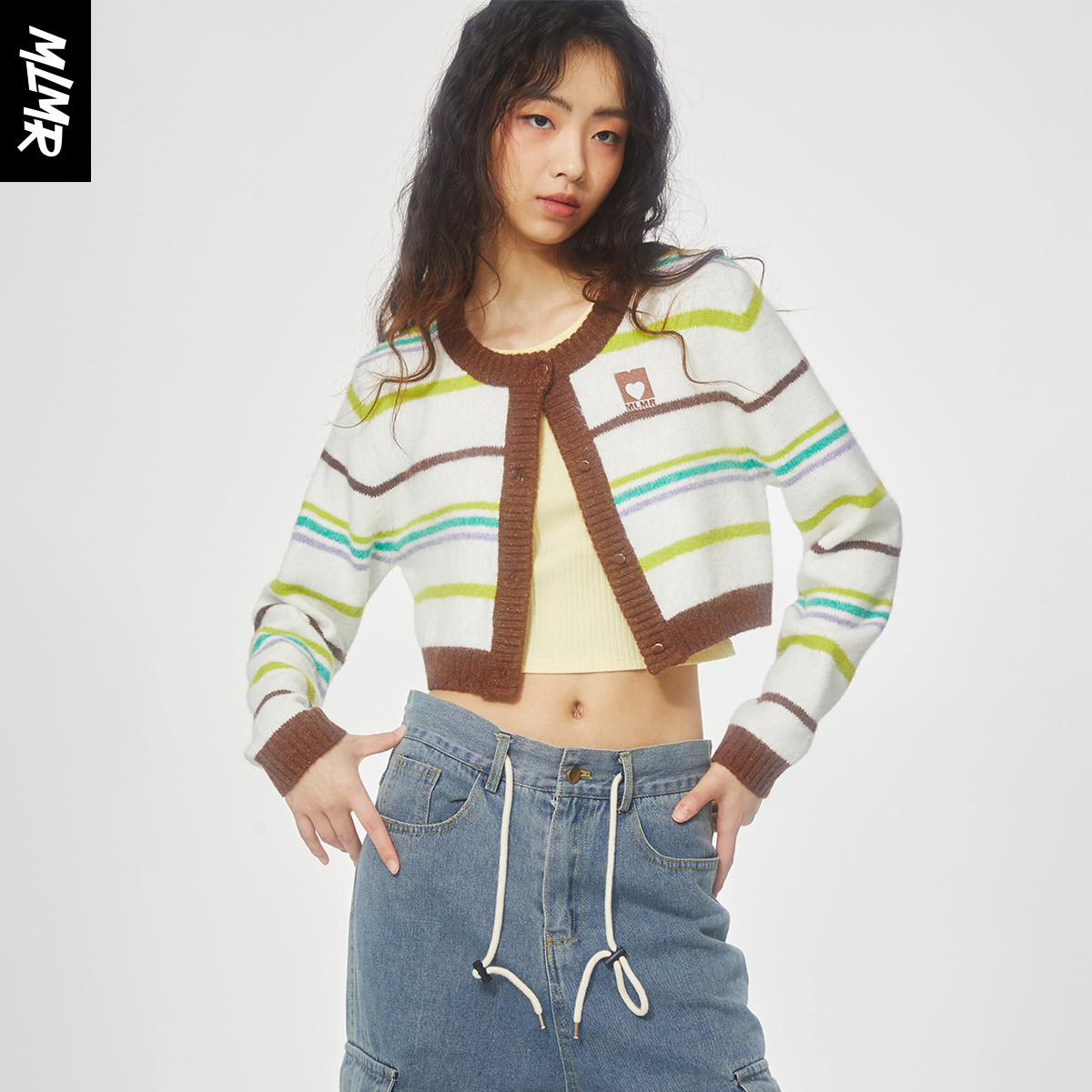 MLMR outlets秋多巴胺穿搭女条纹针织衫甜辣小上衣糖果色开衫毛衣