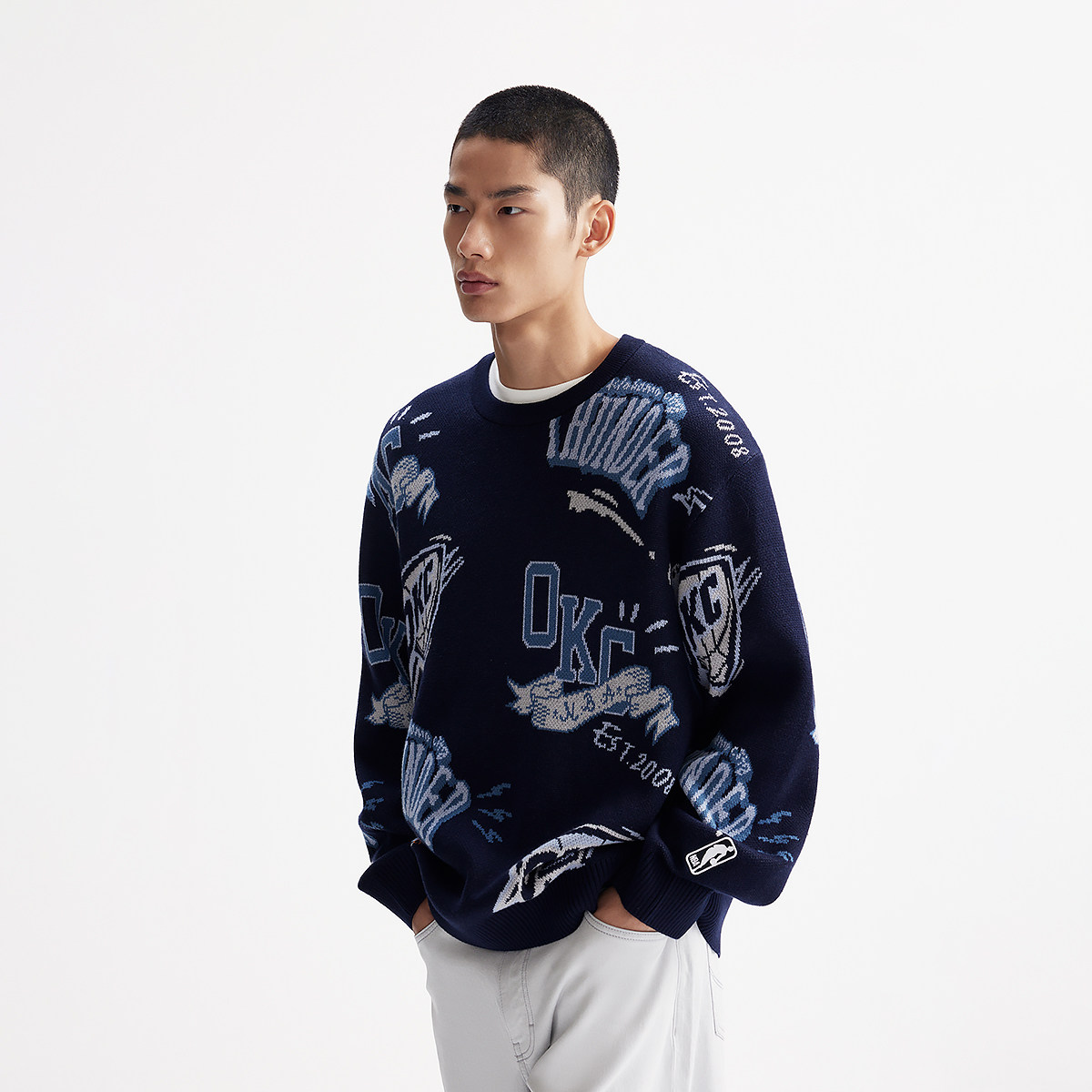 杰克琼斯NBA联名款雷霆队男装冬季新款时尚满印宽松圆领毛针织衫,淘宝优惠券,粉丝福利购,淘宝优惠卷