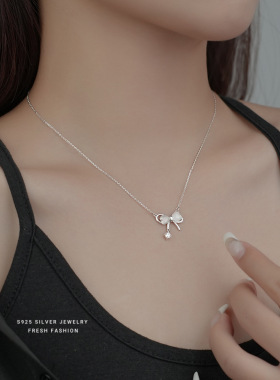 s925纯银心形猫眼石蝴蝶结项链女