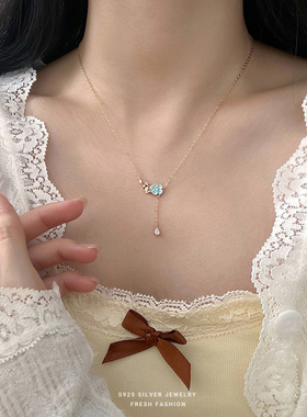 S925纯银金枝繁花项链女长流苏小