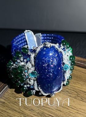 复古重工莱茵石镶嵌手工串珠蓝色