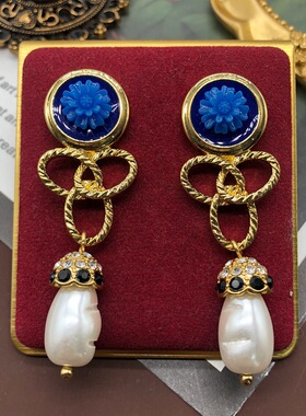 西洋中古小众蓝色小花气质耳环水